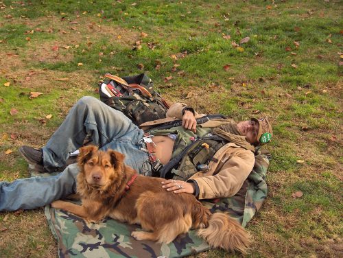 An image of a homeless man and a dog on grass